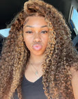 Chocolate Brown Hightlight Curly | 13x4 Invisible Lace Full Frontal Wig | Natural Pre-plucked Hairline